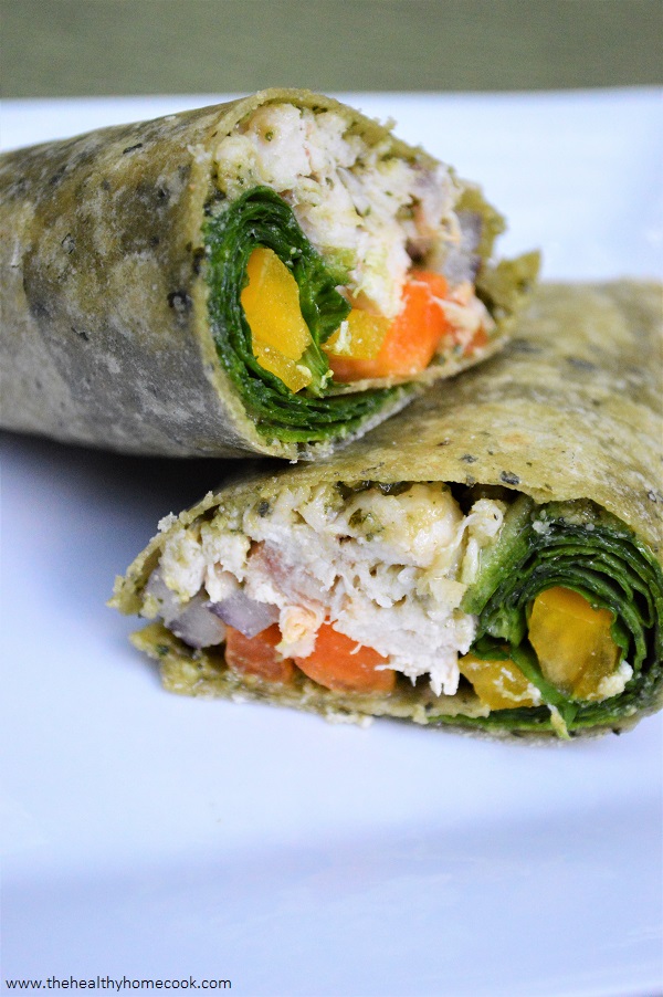 This fresh and fit Grilled Chicken Pesto Wrap is a tasty way to enjoy your lunch break today!