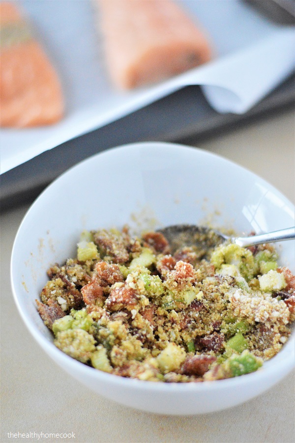 Baked salmon topped with a crunchy, flavorful bacon, breadcrumb crust. A simple recipe that's ready in under 20 minutes.