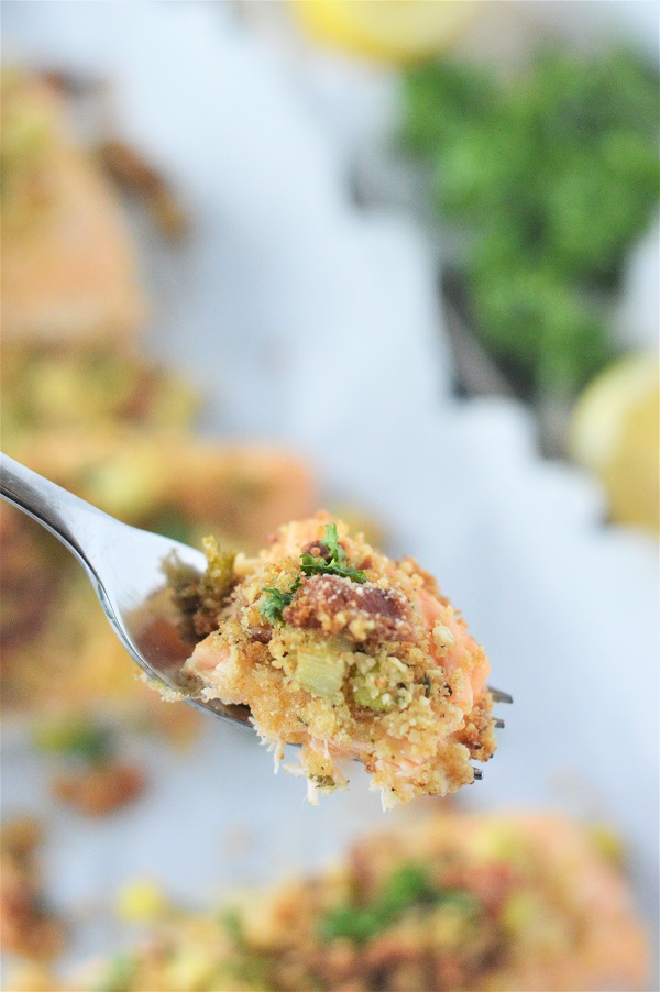 Baked salmon topped with a crunchy, flavorful bacon, breadcrumb crust. A simple recipe that's ready in under 20 minutes.
