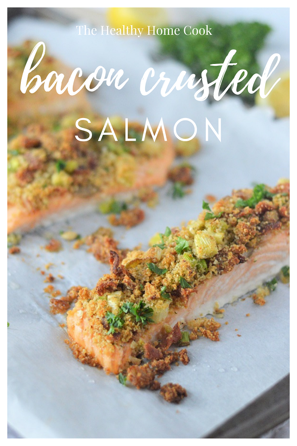 Baked salmon topped with a crunchy, flavorful bacon, breadcrumb crust. A simple recipe that's ready in under 20 minutes.