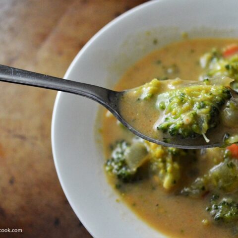 This recipe has all the flavor you love of the traditional Broccoli Cheese Soup, without the added butter, milk and cheese! ENJOY!