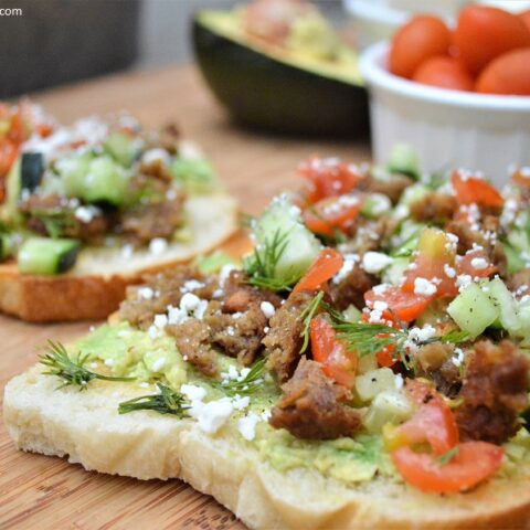 This Ultimate Avocado Greek Breakfast Toast combines healthy sourdough bread with creamy avocado, layers of Greek flavors and crumbles of MorningStar Farms® Sausage Patties. Each bite is heavenly and will give you energy for the entire day!
