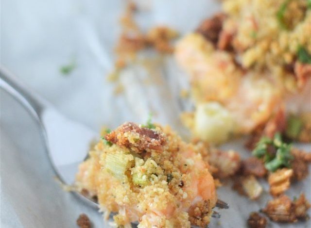 Baked salmon topped with a crunchy, flavorful bacon, breadcrumb crust. A simple recipe that's ready in under 20 minutes.