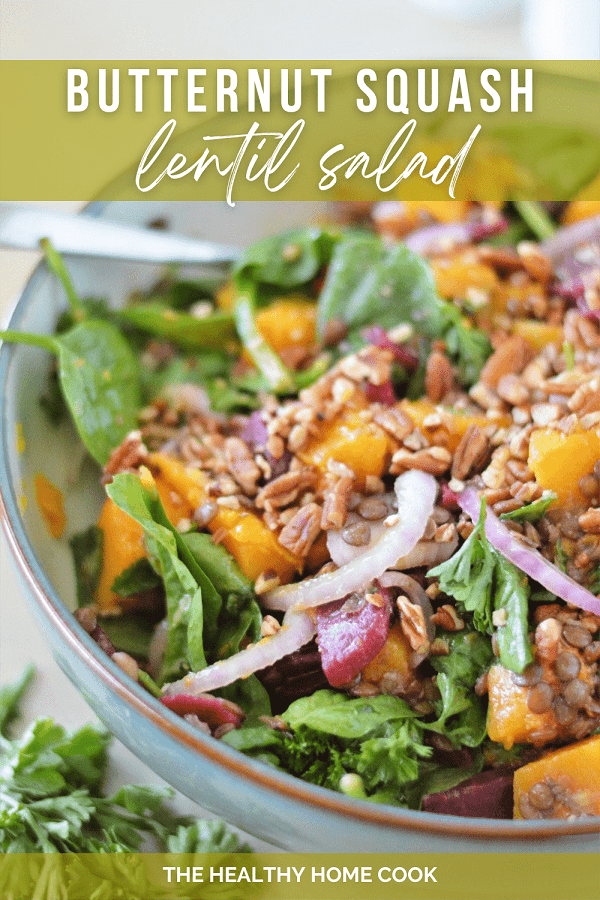 This delicious salad is loaded with tender butternut squash, fresh spinach, nutty lentils and finished with a honey dijon dressing. It's full of protein, easy to make, and so nourishing!