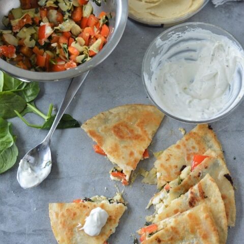 Delicious and healthy, my Greek Quesadillas come together quickly and only have six ingredients! It's a tasty twist on the traditional quesadilla that everyone will love.
