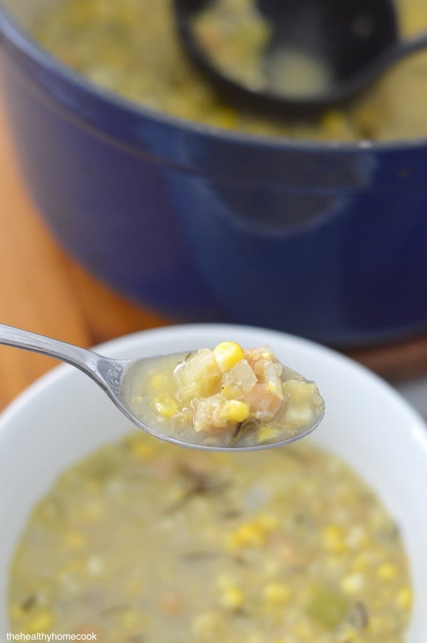 There is no better way to warm up a cold winter night than with this simple and delicious Rosemary Corn Soup.