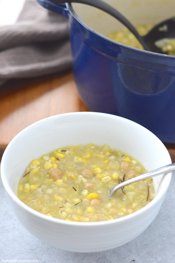 There is no better way to warm up a cold winter night than with this simple and delicious Rosemary Corn Soup.