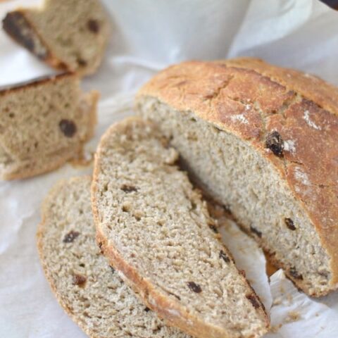 This is an easy and delicious, homemade bread. Crusty on the outside, soft in the middle, with hints of cinnamon and raisins.