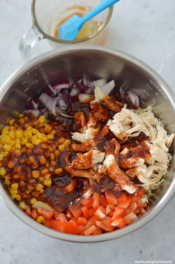 BBQ sauce topped pasta salad.