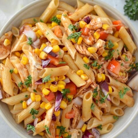 Tender chicken, crunchy vegetables and a sweet, tangy barbecue vinaigrette come together for the perfect pasta salad.