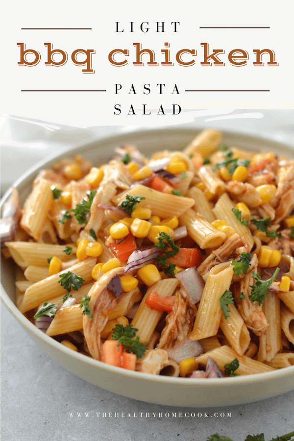 Complete BBQ Chicken Pasta Salad in large serving bowl.