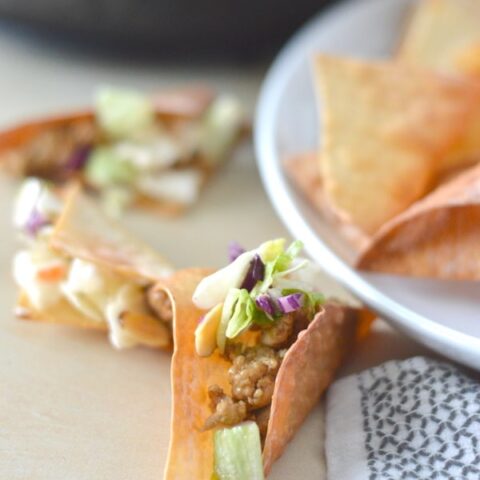 Crispy baked wontons filled with seasoned turkey and topped with store-bought asian salad mix. This is an easy recipe everyone will love!