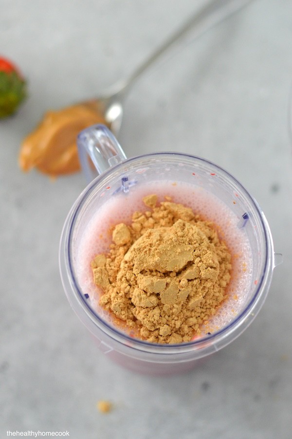 Made with just a few healthy ingredients, this creamy Strawberry Peanut Butter Smoothie is an easy breakfast or snack kids will love.