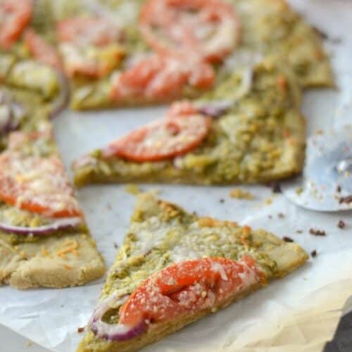 Make pizza night extra special with this Pesto Pizza with Chickpea Crust. It's easy to make and full of flavor!