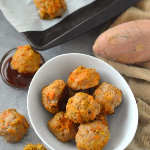 Mini meatballs made with lean turkey and savory sweet potatoes. These delicious kid-friendly bites are a winner!