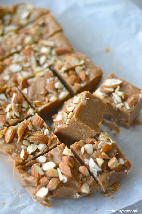Fudge lovers rejoice!  This Freezer Maple Almond Fudge is velvety smooth, has no refined sugar and takes no time at all to make.  