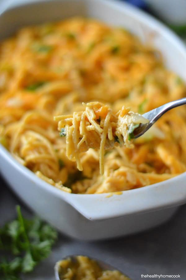 Creamy, cheesy, packed with flavor and PROTEIN — this lightened up Chicken Spaghetti is comfort food with a nutritious twist.