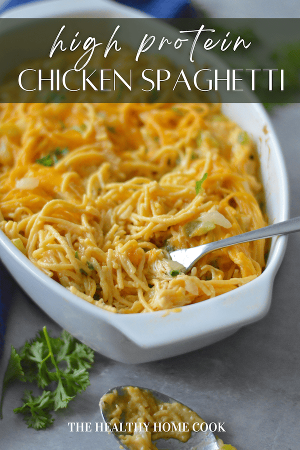 Creamy, cheesy, packed with flavor and PROTEIN — this lightened up Chicken Spaghetti is comfort food with a nutritious twist.