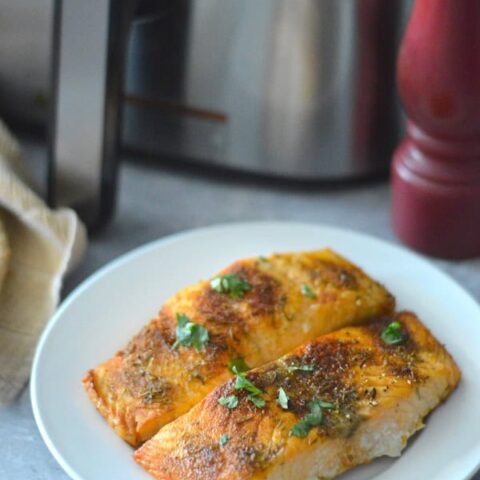 Crispy outside, juicy salmon inside, this air fryer recipe is easy and tastes better than from a restaurant! 