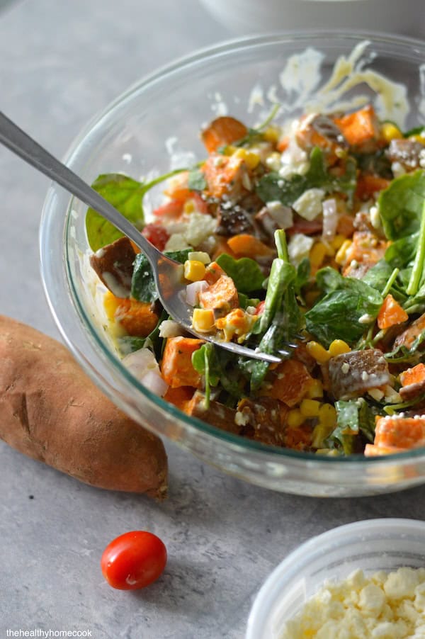 Indulge in this Roasted Sweet Potato Ranch Salad. It is easy to make and perfect for cookouts, potlucks, holidays, and weeknight dinners.