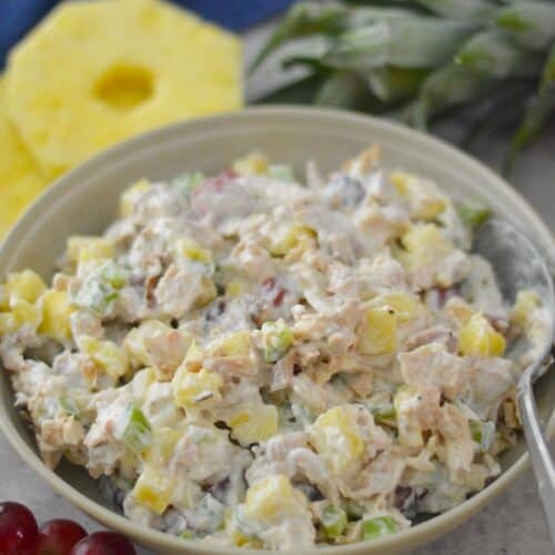 Additional final image of Pineapple Chicken Salad in serving bowl. Lower shot.