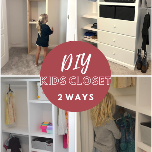 Collage image of 4 closet systems, with title "DIY Kids Closet 2 Ways"
