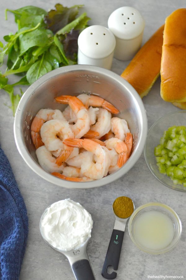 Overhead ingredient shot for Easy Curried Shrimp Rolls.