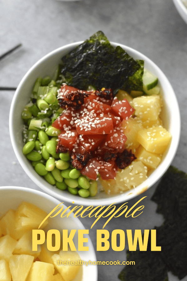 Profile image of complete Pineapple Poke Bowl with Title over the image.