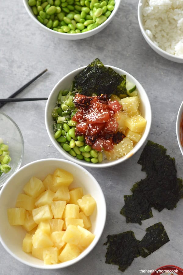 Overhead image of completed Pineapple Poke Bowl.