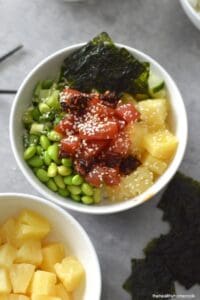 Close up, overhead, image of Pineapple Poke Bowl.