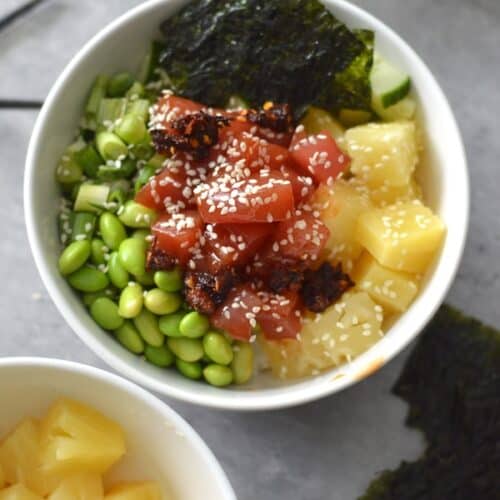 Close up, overhead, image of Pineapple Poke Bowl.