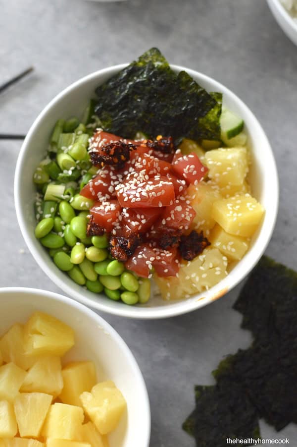 Close up, overhead, image of Pineapple Poke Bowl.